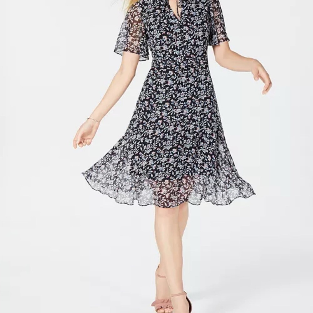 Maison Jules Blue and White Flutter Sleeve Midi Dress